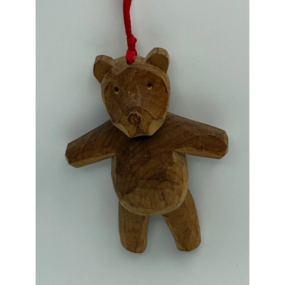 Hand Carved Wooden Teddy Bear Christmas Ornament Rustic Folk Art Brown Hanging